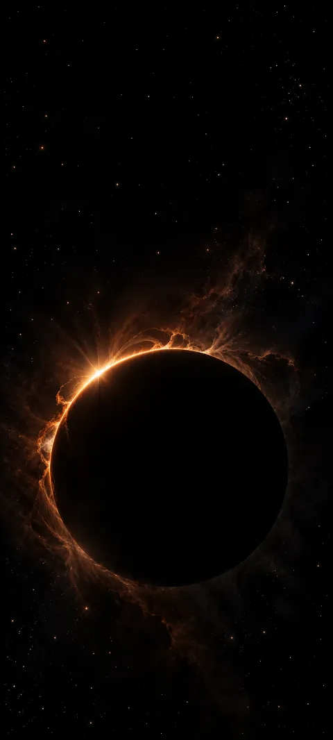 A dark eclipse rimmed with a copper crescent and wispy corona in black space.