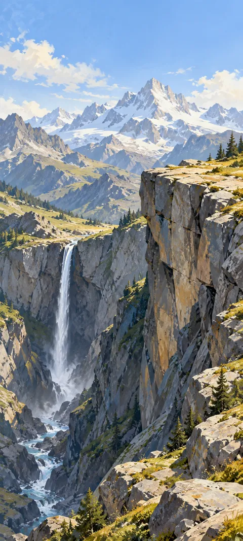 Thin waterfall in a steep alpine ravine below snowy mountain peaks.