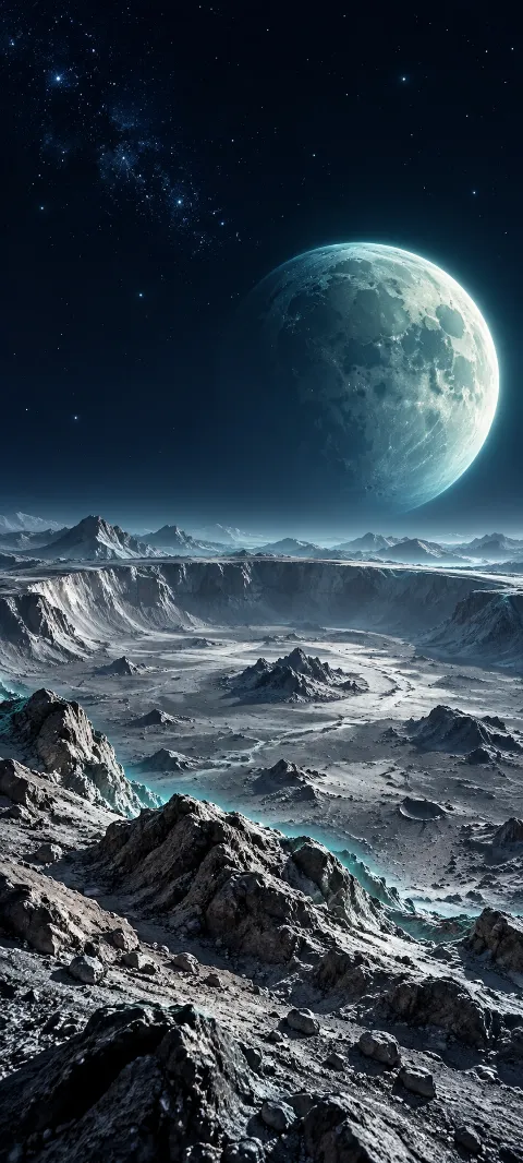 Large teal moon above a silver crater basin and dark rocky ridges in space.