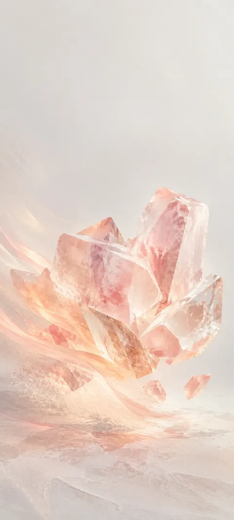 Floating translucent rose crystal cluster with peach light trails against an ivory-gray background.