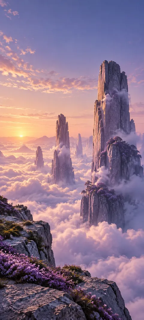 Lavender monoliths rise from a cloud-covered plain.