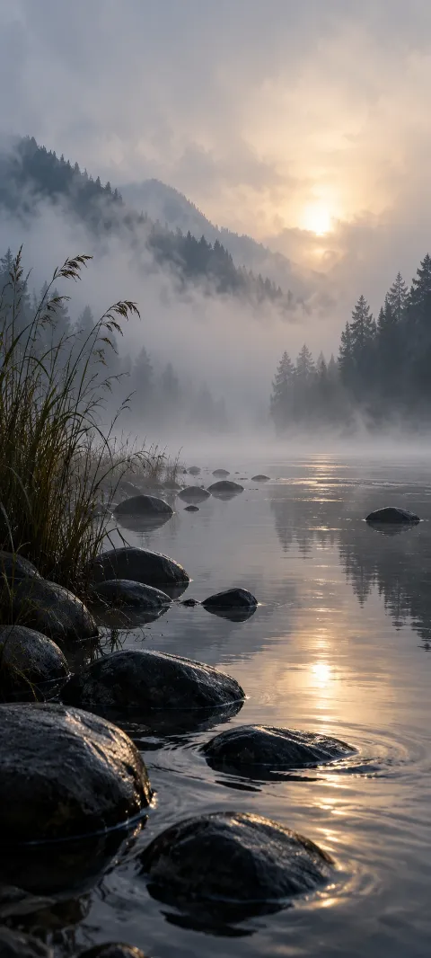 Mist hovers above a slow river with black stones.