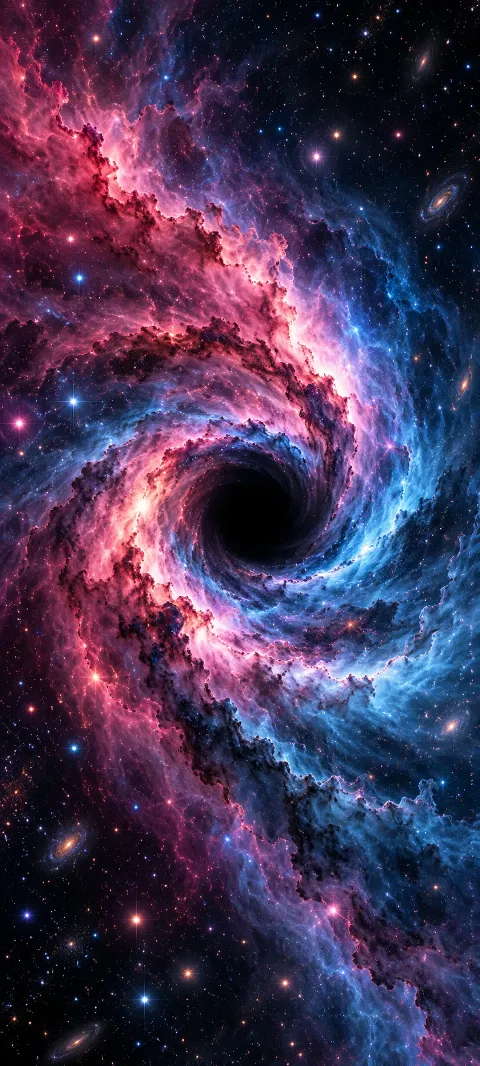 Rose and blue dust spiral around a dark opening.