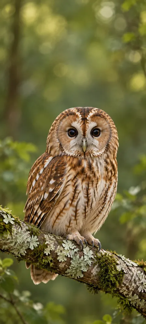 Tawny owl with dark round eyes perched on a lichen covered branch against green forest blur.
