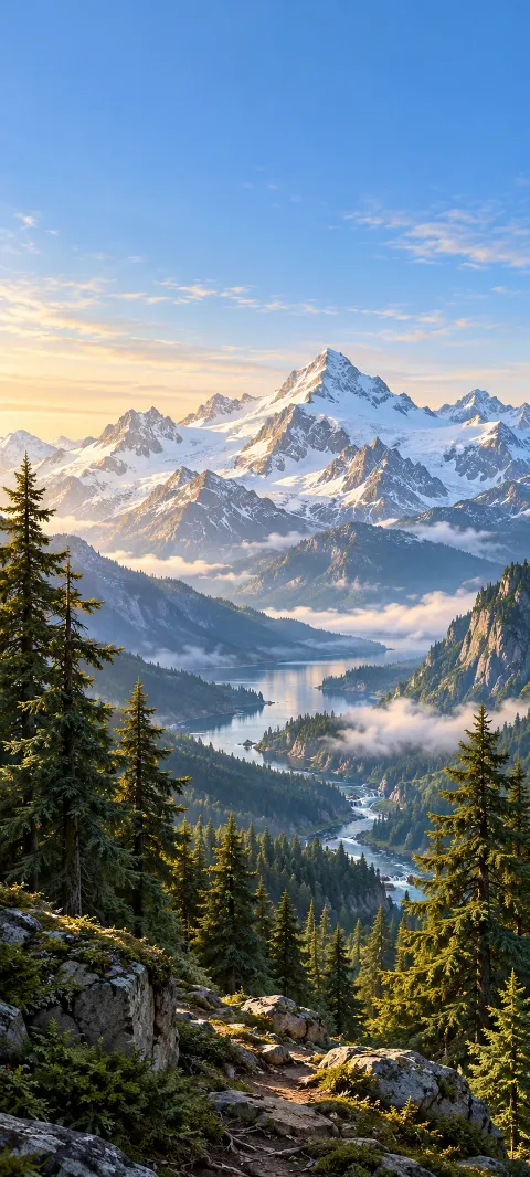 Cedar forest opens toward snow peaks in clear air.