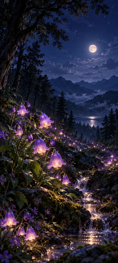 Glowing purple bell flowers beside a forest stream beneath a full moon.