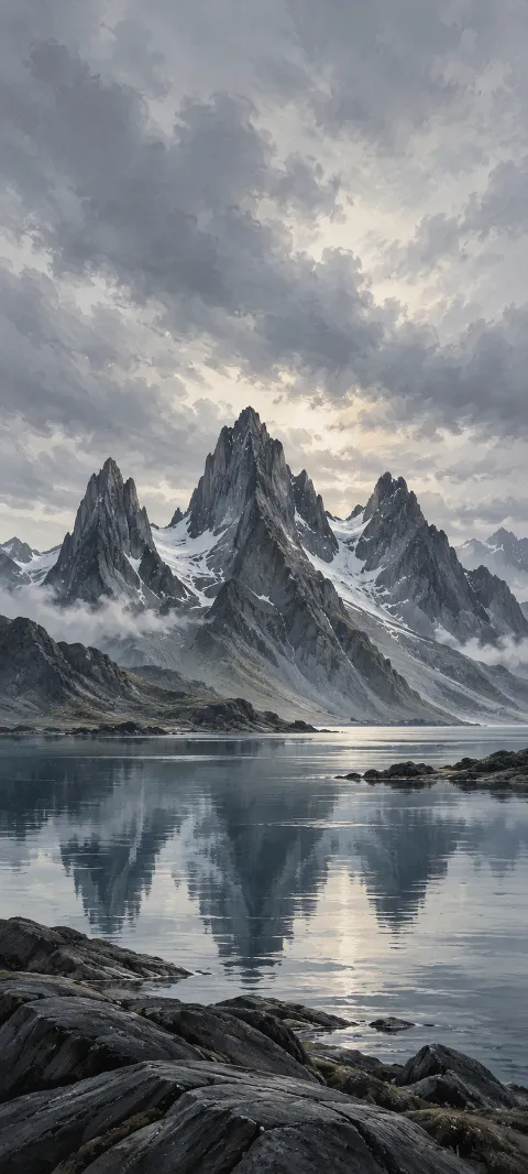 Jagged dark basalt peaks with snow reflected in a quiet silver bay.