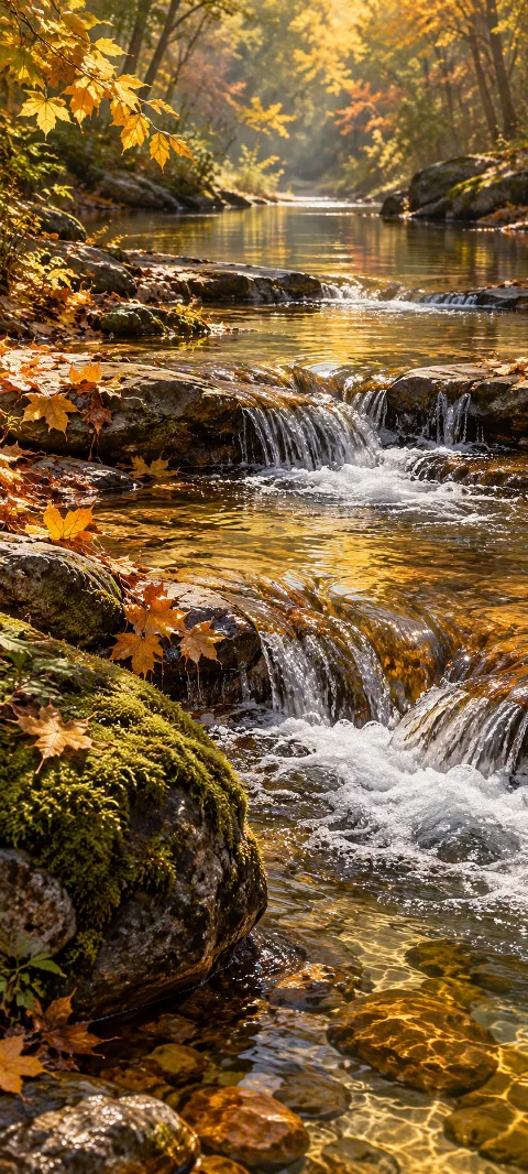 Clear golden creek cascading over rock ledges beside moss and autumn leaves.