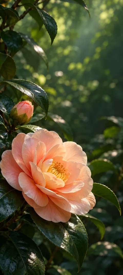 A peach camellia and bud among glossy green leaves.
