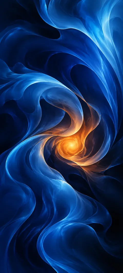 Blue fluid shapes surround a small ember orange glow.