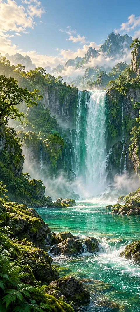 An emerald waterfall drops through moss and mist.