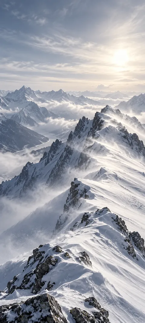 Snow streams across a high ridge under pale light.