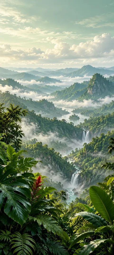 Broad tropical leaves framing misty green ridges, water and waterfalls.