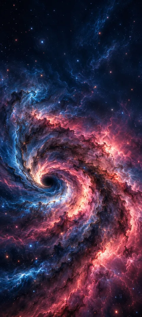 Pink and blue cosmic dust spiraling into a dark opening amid stars.
