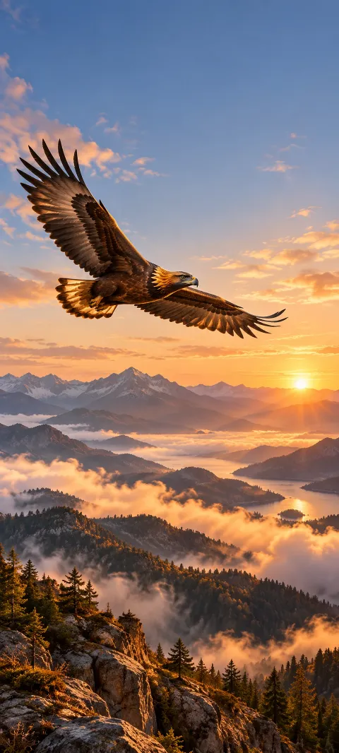A golden eagle glides above foothills and cloud.