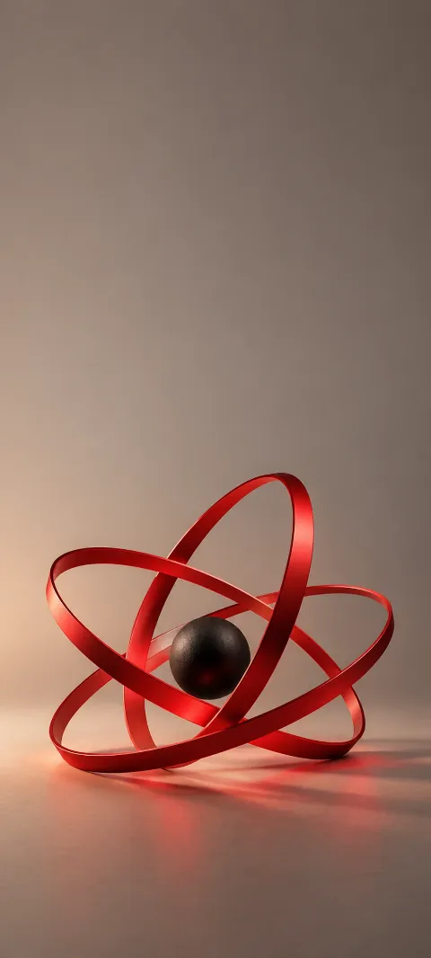 Three red elliptical hoops around a small dark sphere on warm gray.