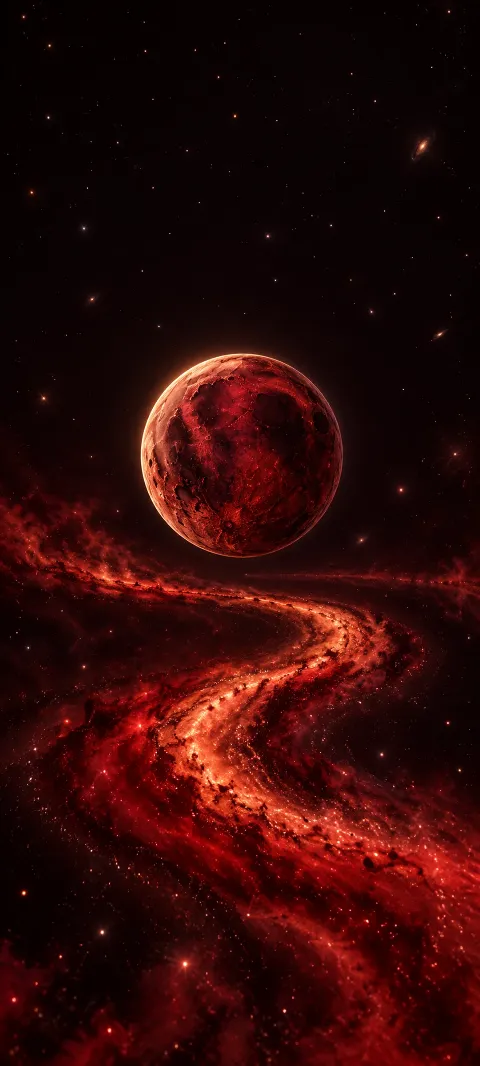 A crimson cratered moon hovers above an S-shaped river of glowing red cosmic dust.