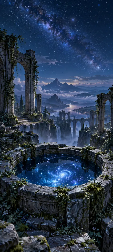 Imagined ruins surround a well filled with starlight.