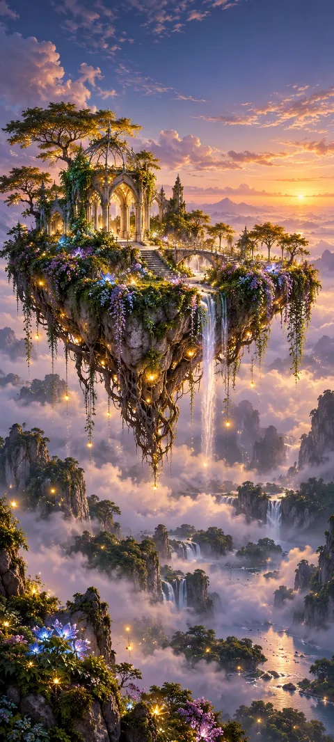 A floating garden glows above a firefly valley.