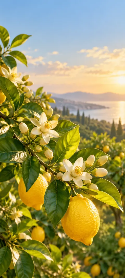 Small lemon blossoms open along a slender green branch.