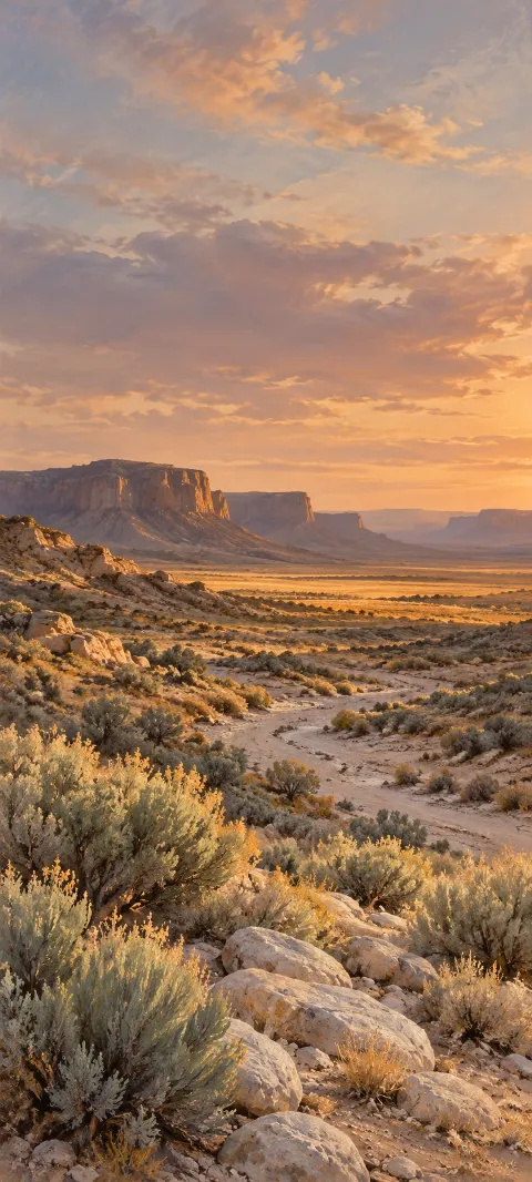 Dry desert wash with sagebrush, pale rocks and flat-topped mesas in warm light.