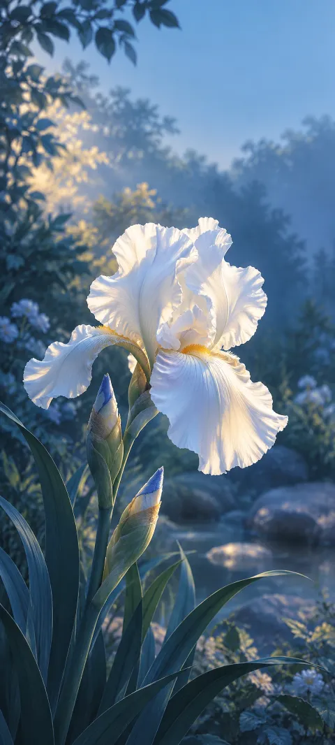 A white iris with yellow markings against a blue-shadowed garden.