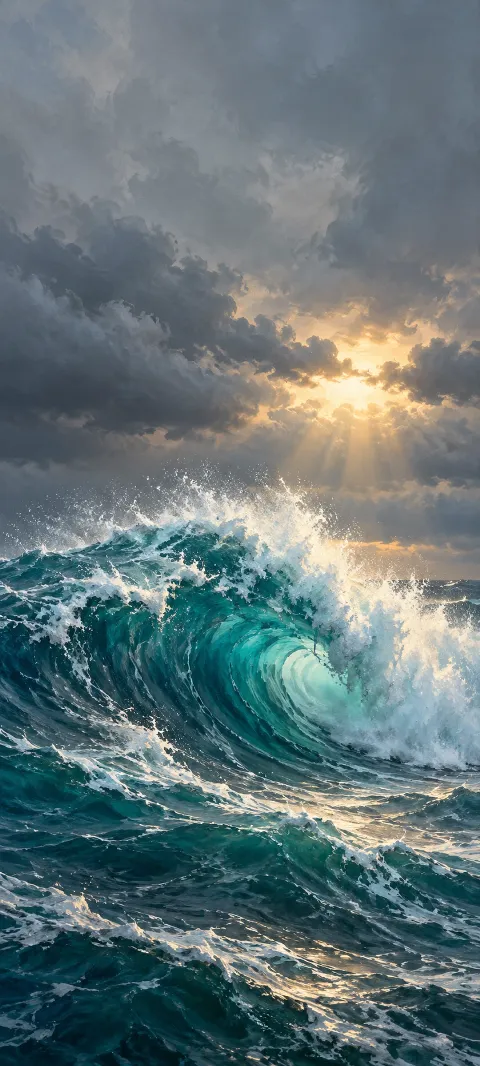 A teal breaking wave with white spray beneath dark clouds and a golden sun opening.