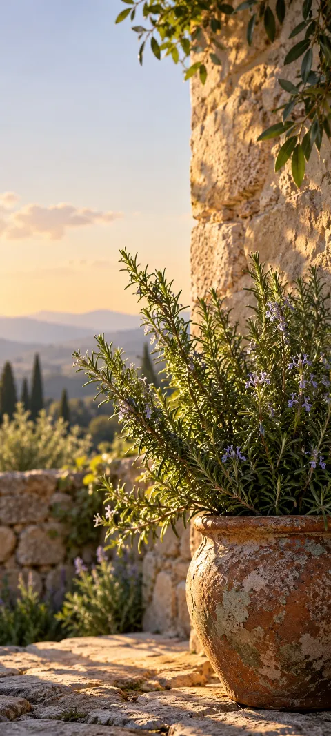 Rosemary growing in a terracotta pot beside a stone wall.