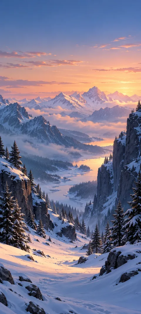 A snowy pass between pine cliffs above a peach-lit mountain lake.