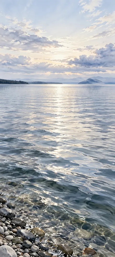 Silver lake ripples meet a pebble shore beneath pale clouds and a distant island.