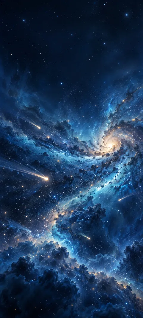 Tiny comets cross a calm field of blue dust.