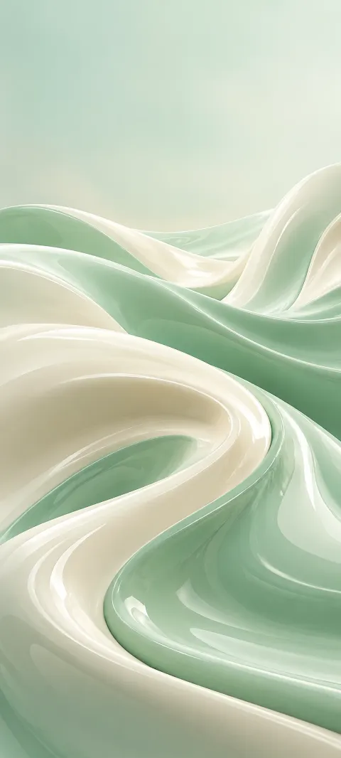 Mint and ivory sweeps resemble glazed ceramic flowing through the frame.