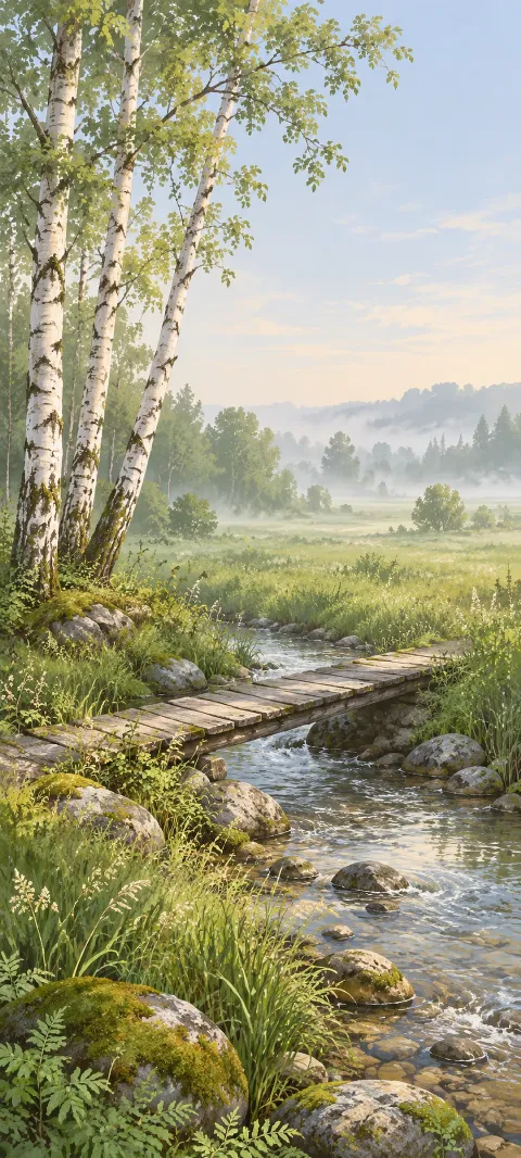 Wooden plank bridge over a shallow stream beside birch trees in a misty meadow.