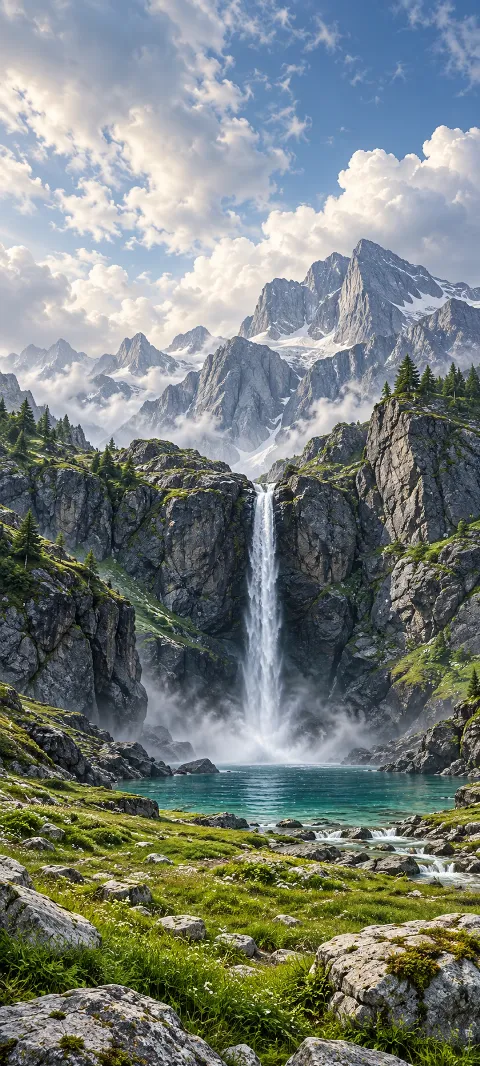 Tall silver waterfall in a rocky mountain cleft above a turquoise pool and green meadow.