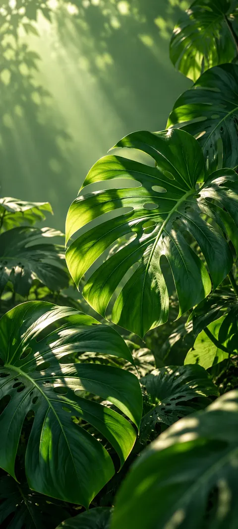 Monstera leaves overlap in rich filtered light.