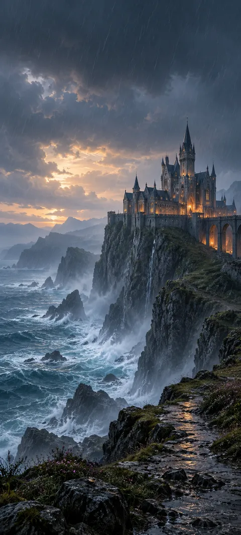A quiet castle rests on a cliff behind falling rain.