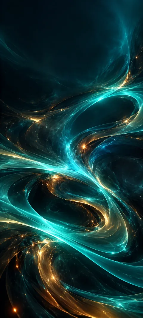 Teal arcs loop through charcoal space with amber reflections.