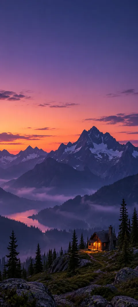 A warm cabin light glows below a dark ridge.
