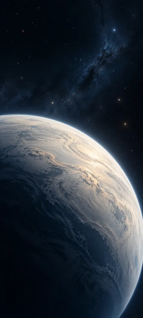 A pearl-colored planet turns through a soft blue shadow.