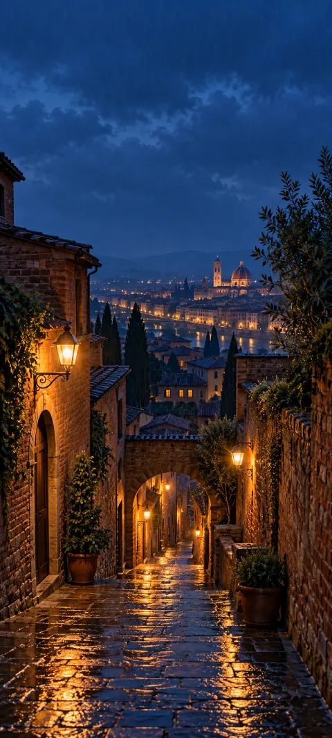 A brick passage glows with lamps and wet stone.