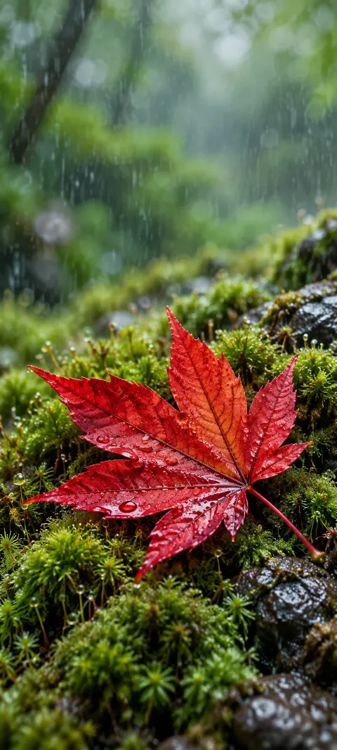 A scarlet maple leaf covered in rain beads on damp green moss.