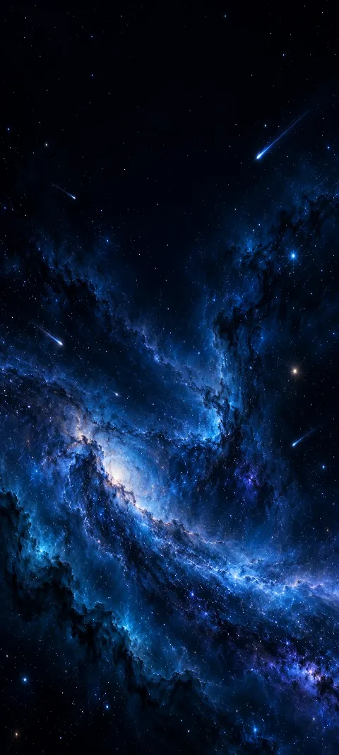 Tiny comets cross a calm field of blue dust.