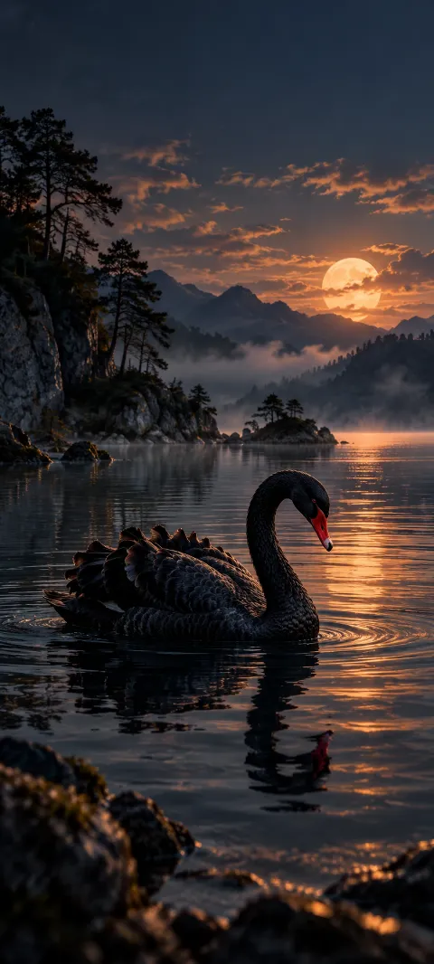 A black swan glides across a dark reflective cove.