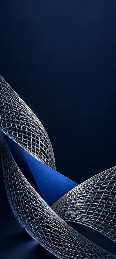 Curved silver mesh strips around a cobalt triangle on navy.