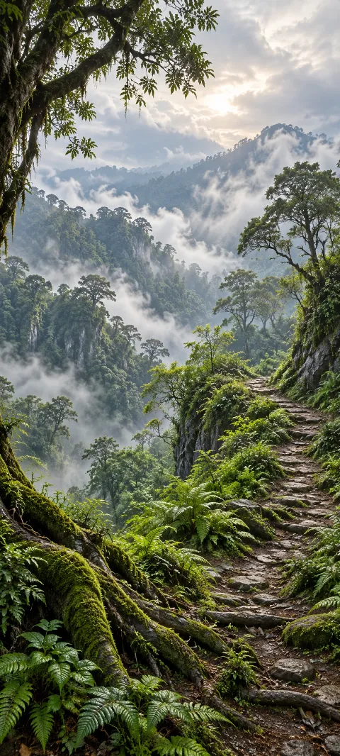 Fern-lined hillside path above a mist-filled forest ravine.