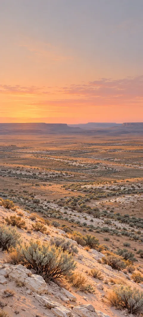 Pale stones and sagebrush across a dry valley beneath an apricot dawn sky.