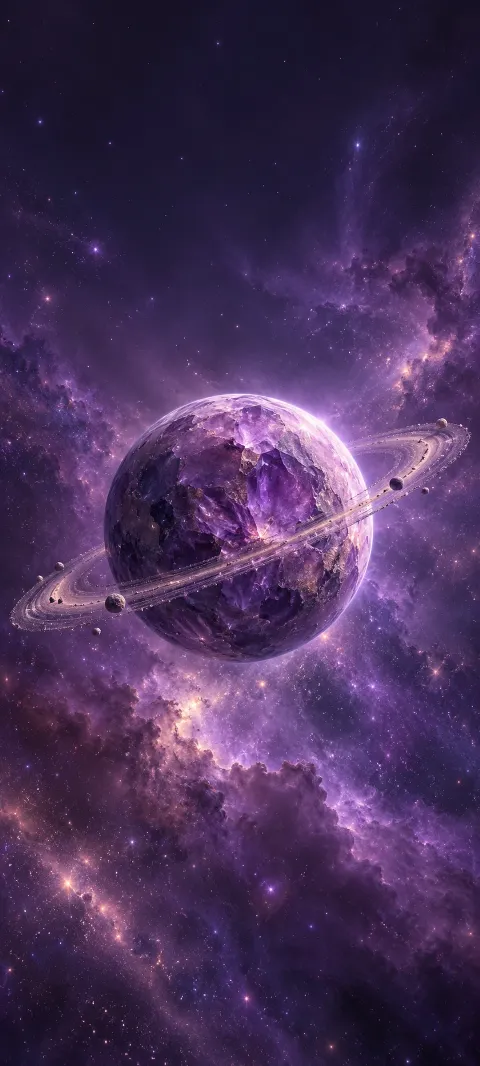 A small amethyst planet with a thin ring floats before violet dust.