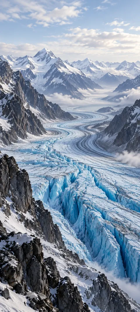 A crevassed blue glacier winds between dark snowy mountain walls.