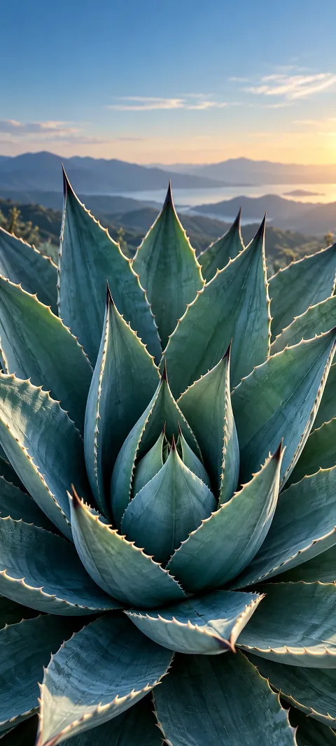 Blue-green agave leaves form a spiral with pale edge light.