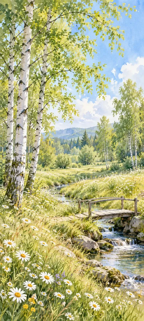 Birch trees and white wildflowers around a small bridge over a meadow stream.